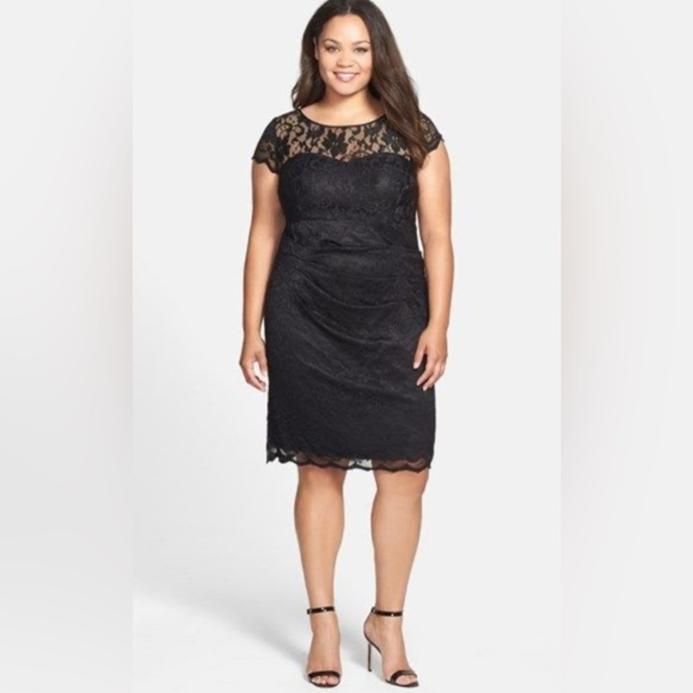 Eliza J Black Lace Overlay Sheath Dress 20W – Gathered Waist, Evening Cocktail